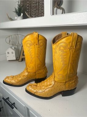 Botas El Paisa Exotic Ostrich Leg Cowboy Boots Women’s 9 Men’s 7.5 Mustard